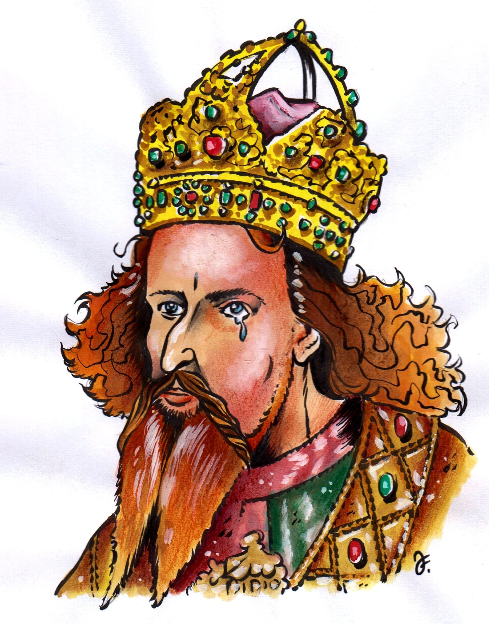 Zklamaný císař Zikmund Lucemburský plakal možná nad vítkovskou porážkou ještě při své červencové korunovaci českým králem. (Kresba: Jiří Filípek)