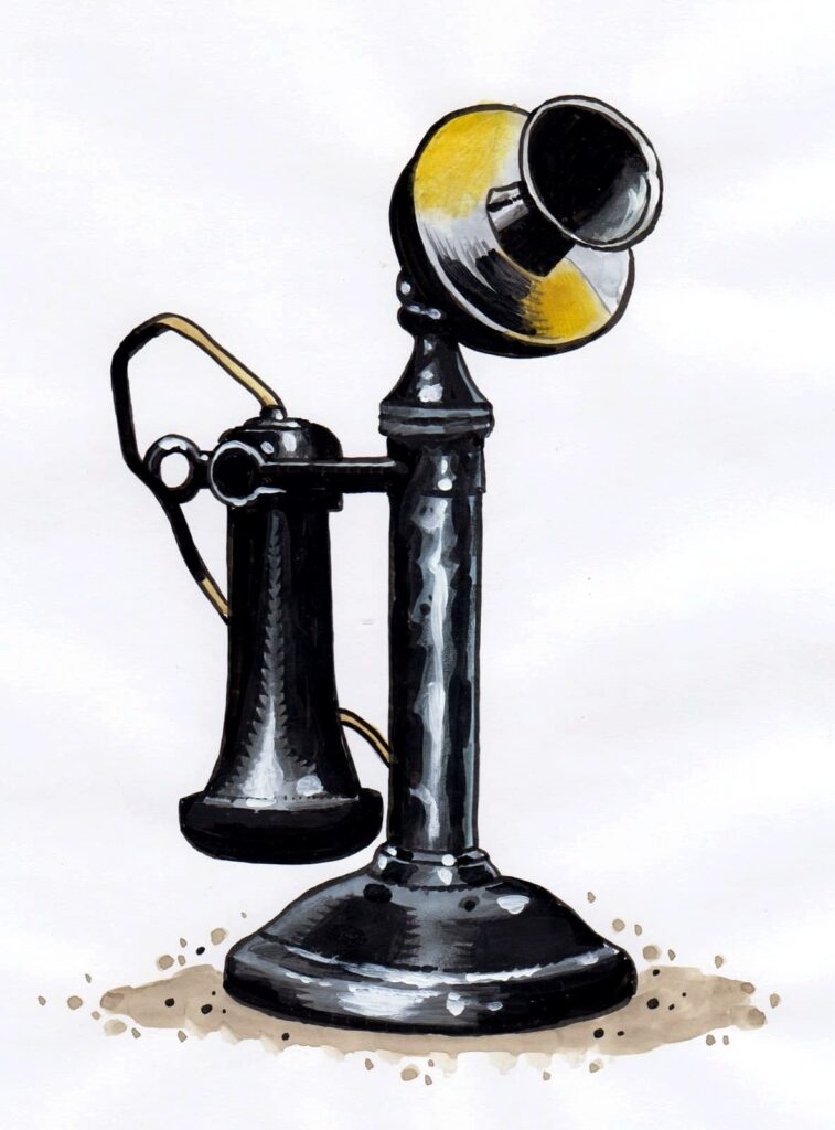 Jeden ze starých typů telefonních aparátů (Kresba: Jiří Filípek)