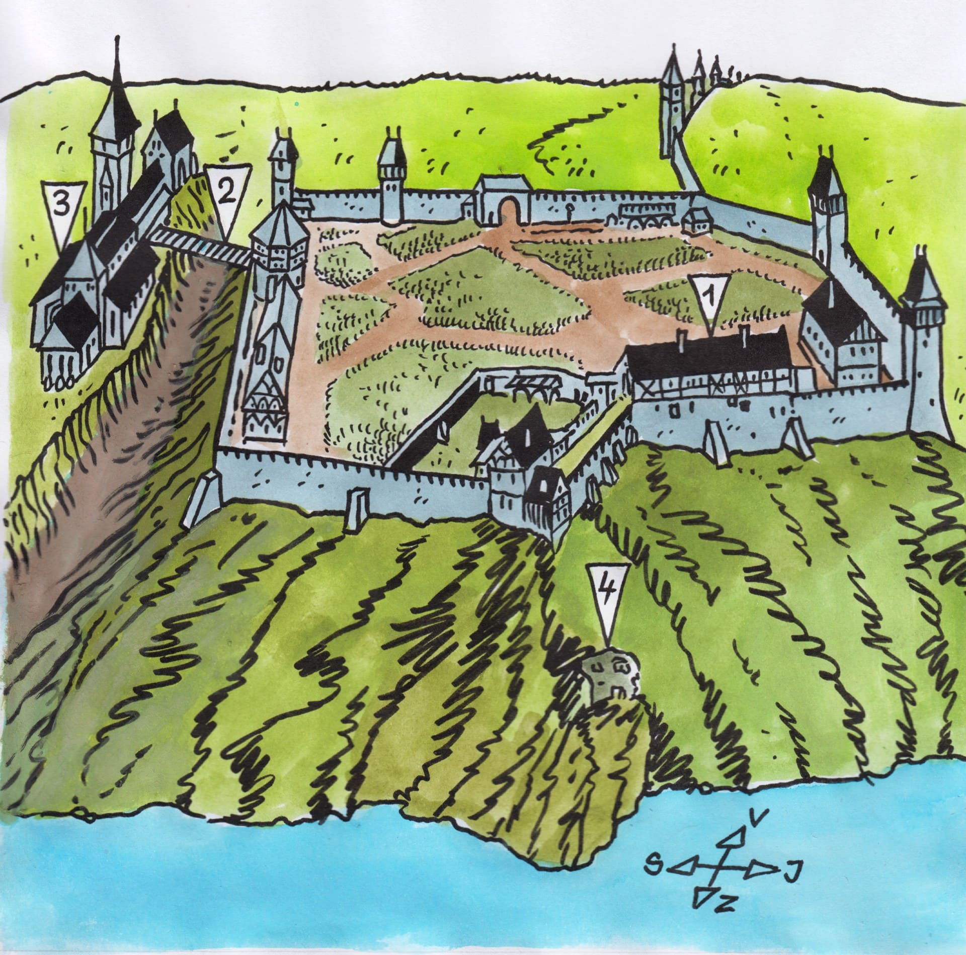 Ilustrace Jiřího Filípka, která vznikla podle podkladu Ing. arch. Ondřeje Šefců, zachycuje hradiště Vyšehrad, jak vypadalo s největší pravděpodobností v roce 1378. Kresba je přetažena se souhlasem nakladatelství Grada z mojí knížky „Sídla českých panovníků“, která vyšla roku 2020.