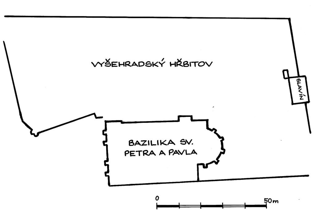 Na této mapce Jiřího Filípka je vidět, jak malou část na východní straně Vyšehradského hřbitova tvoří Slavín. Mapka je přetažena se souhlasem nakladatelství Grada z mojí knihy „Sídla českých panovníků“, vydané roku 2020.