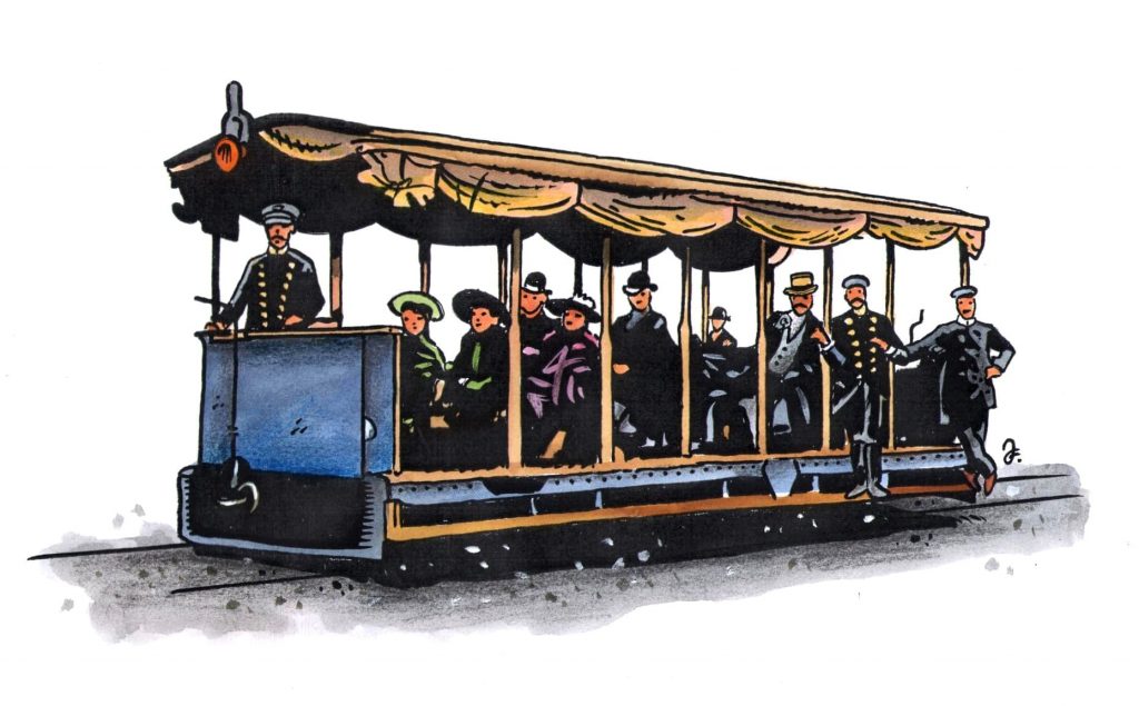 Křižíkova letenská tramvaj, která jezdila devět let. Plachty sloužily jednak proti dešti, a jednak k zakrytí večer, když vůz stál mimo vozovnu. Cestující seděli na dřevěných lavicích, jejichž opěradla byla překlopitelná, aby jeli vždy ve směru jízdy. (Kresba: Jiří Filípek)