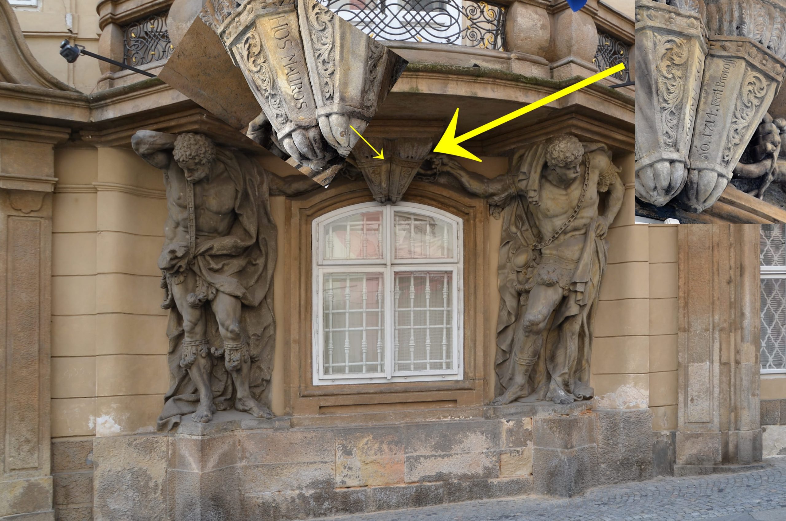 Šestadvacetiletý sochař Ferdinand Maxmilián Brokoff zanechal v klenbě pod balkonem paláce Morzinů, podepíraným dvěma Maury, nápis: „Hos Mauros anno 1714 fecit Brokoff.“ neboli „Tyto Maury zhotovil roku 1714 Brokoff“. (Foto: Miloslav Čech)