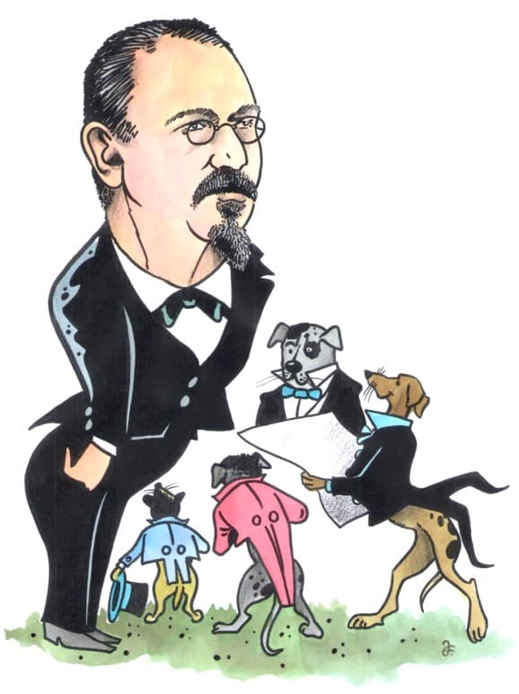 Humoristický časopis „Paleček“ otiskl tuto karikaturu Náprstka coby „přítele psů“, i když nikdy žádného nevlastnil. (Kresba: Jiří Filípek)