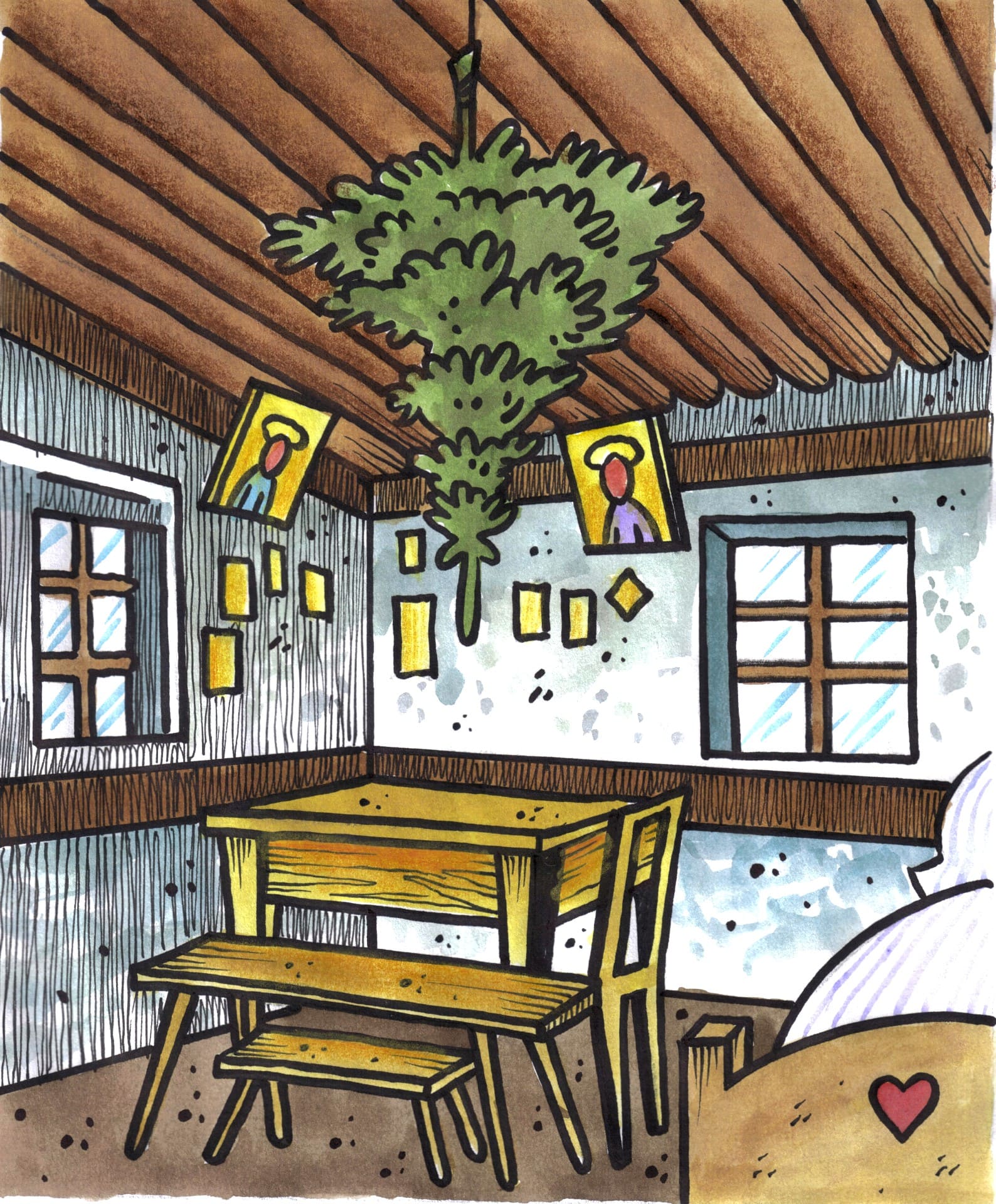 V malých domcích či bytech se stromeček zavěšoval špičkou dolů. Kresba Jiřího Filípka je se svolením nakladatelství Albatros Media přetažena z mojí „Knížky pro zvídavé děti“, která vyšla roku 2018.