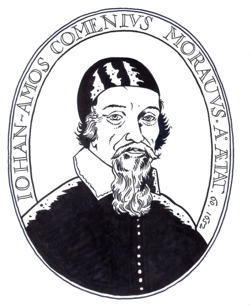 Václav Hollar vytvořil tento portrét J. A. Komenského zřejmě v roce 1642, kdy se setkali v Anglii. (Kresba: Jiří Filípek)