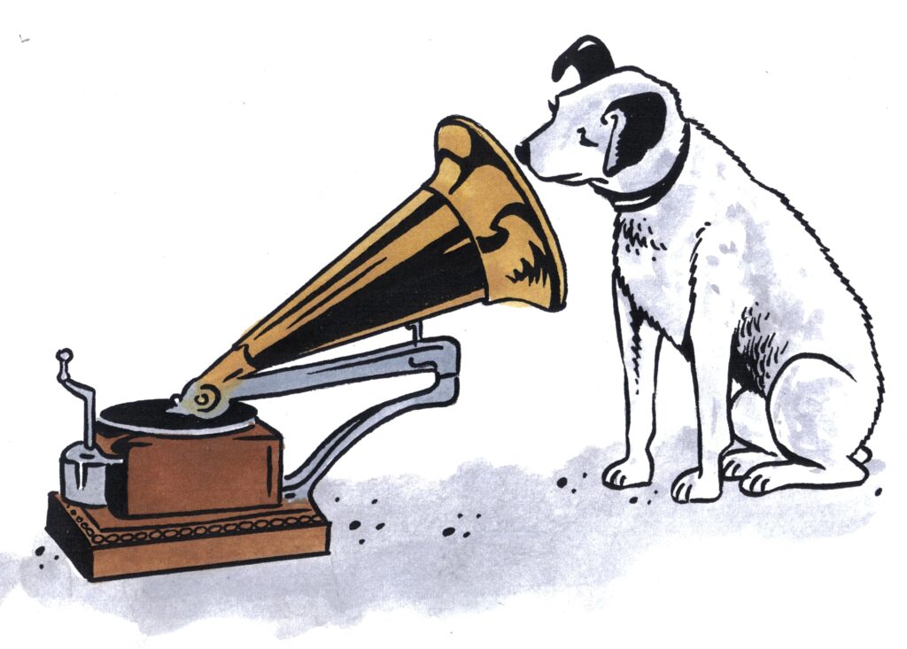 Symbolem společnosti His Master´s Voice byl od roku 1900 tento psík Nipper (Špunt), který udiveně naslouchá hlasu svého páníčka, jenž svůj hlas nahrál na gramofonovou desku. Kresba J. Filípka je převzata z mojí „Knížky pro zvídavé děti“.