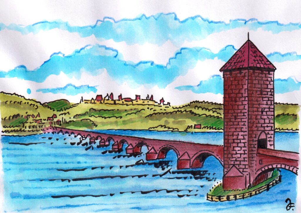 Juditin most sám o sobě musel Pražany nadchnout i tím, že byl postaven z červeného pískovce. (Kresba: Jiří Filípek(