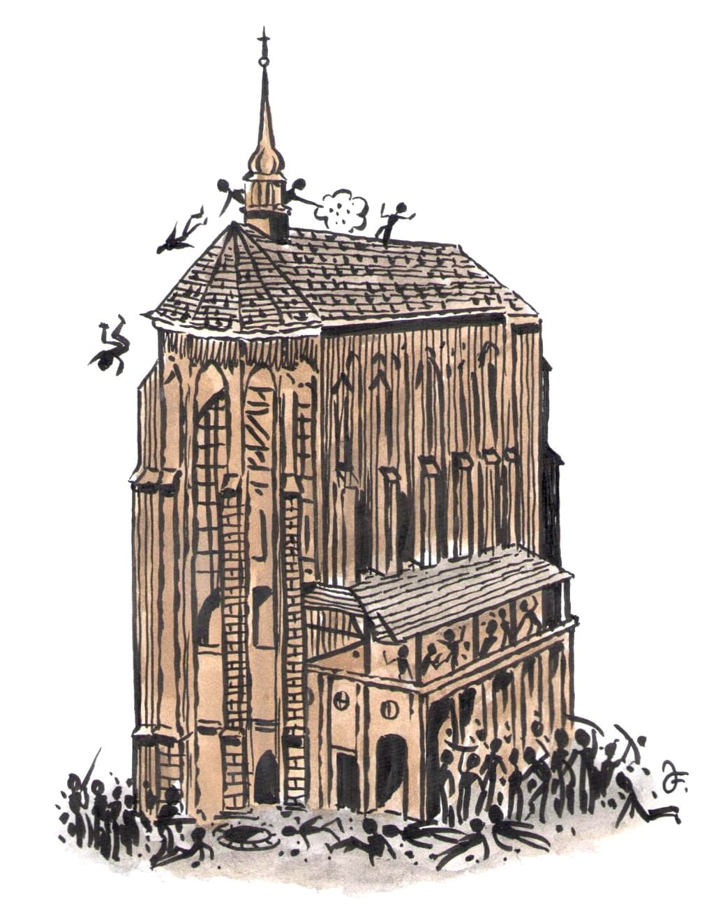 Napadení kostela Panny Marie Sněžné Pasovskými (Kresba: Jiří Filípek)