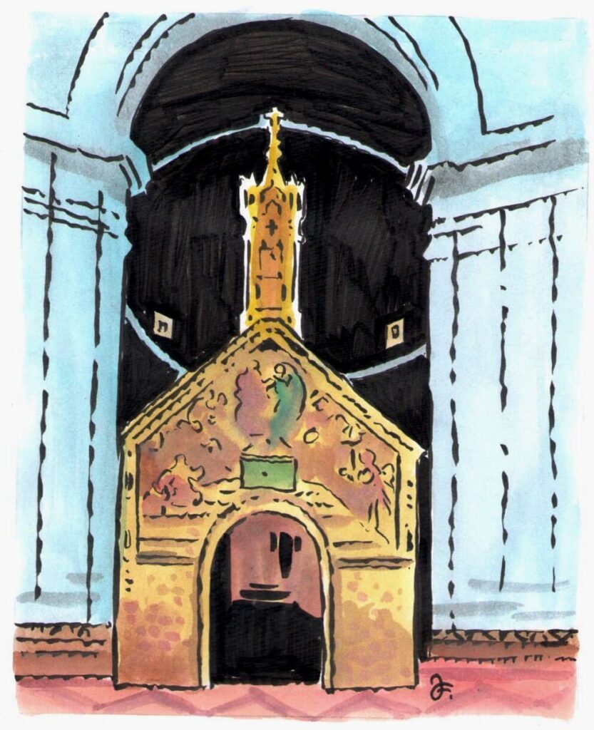 Typ kaple zvané porciunkule, která stojí od 17. století asi 4 km od středoitalského Assisi v bazilice Panny Marie Andělské. (Kresba: Jiří Filípek)