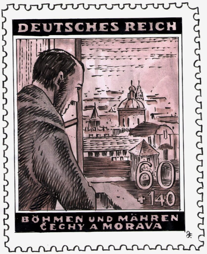 Hitler přijel na svoji první a poslední návštěvu Prahy 15. března 1939 v 19.15 a den na to vznikla fotografie, zachycující ho, jak se dívá na pokořené město z jižního okna sídla českých panovníků. Fotka se stala předlohou pro poštovní známku vydanou roku 1943 k Hitlerovým 54. narozeninám. (Kresba: Jiří Filípek)