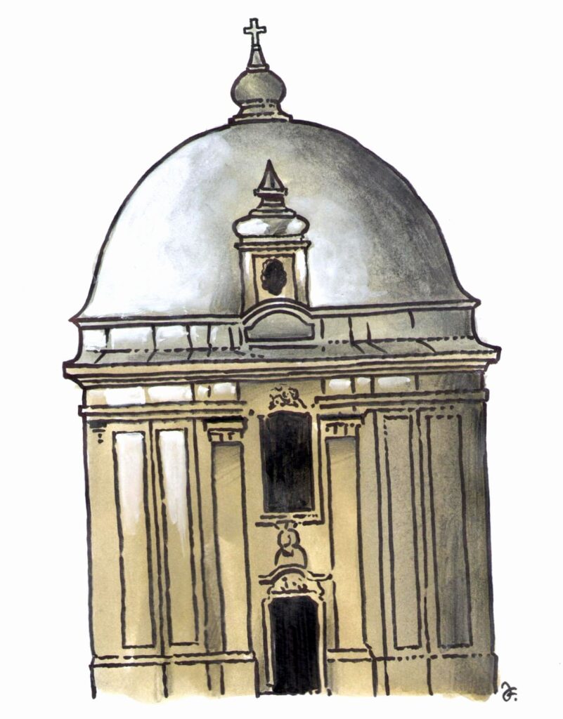 Kaple sv. Matouše z poloviny 18. století o kruhovém půdorysu. (Kresba: Jiří Filípek)