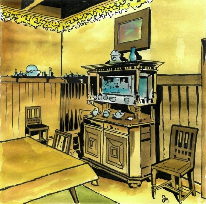 Část interiéru Koulovy jídelny (Kresba: Jiří Filípek)
