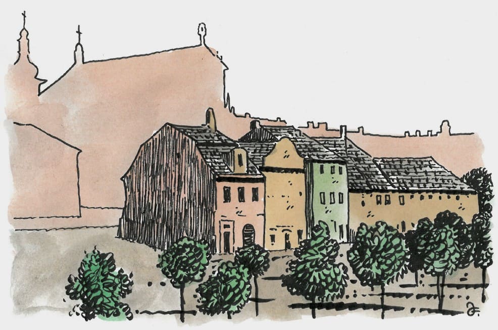 Tyto domky čp. 294—306 stojící na Karlově náměstí před kostelem sv. Ignáce byly zbořeny roku 1863, a nahradila je sadová úprava. (Kresba: Jiří Filípek)