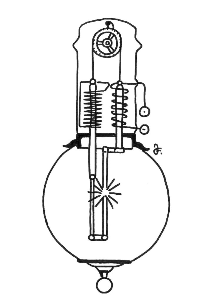 Obloukovky byly předchůdkyněmi žárovek, a název získaly podle toho, že svítily pomocí elektrického oblouku vytvořeného mezi dvěma uhlíky napojenými na elektrický zdroj. (Kresba: Jiří Filípek)
